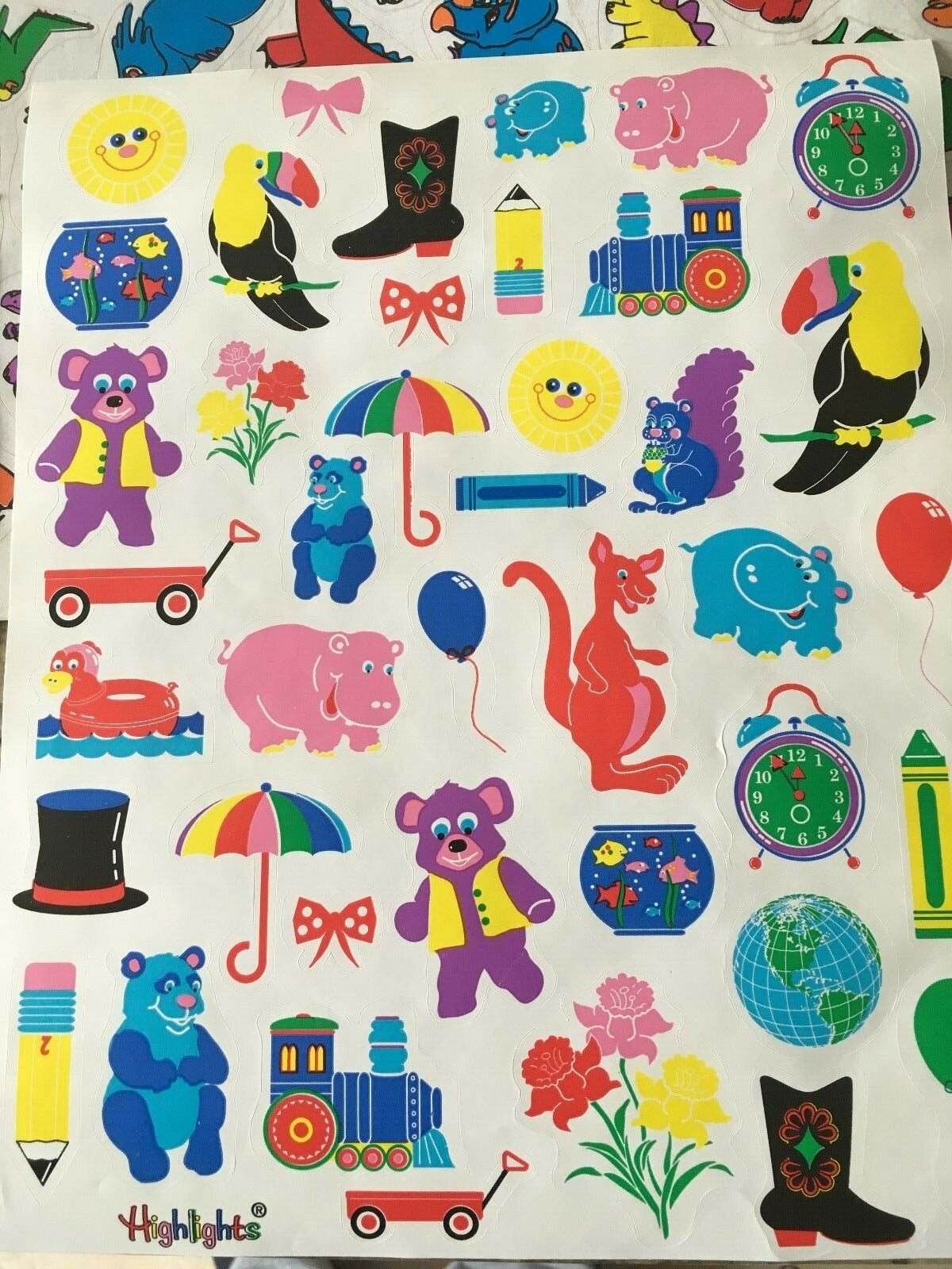 Vintage Highlights Childrens Stickers 6 sheets Dinosaurs Faces Cartoon Animals