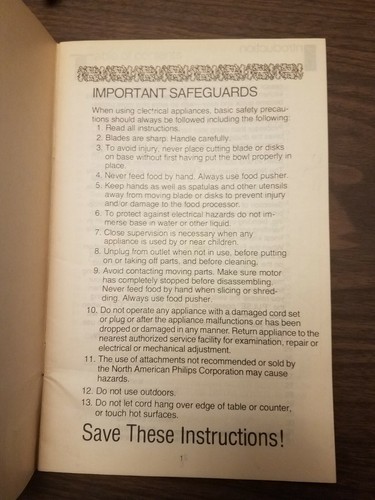 Norelco Food Processor Model HB1115 Instructions and Recipes Booklet 1978