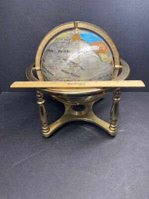 Gemstone Mother of Pearl World Globe 9'' Diameter, 11in Tall Unique Silver Color