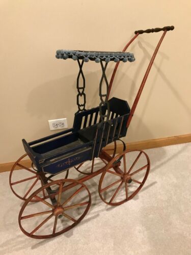 Nice Antique 19th C Victorian Doll Carriage Buggy Stenciled, Wooden Wheels