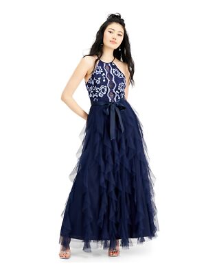 TEEZE ME Womens Navy Sleeveless Halter Full-Length Layered Prom Dress 5\6