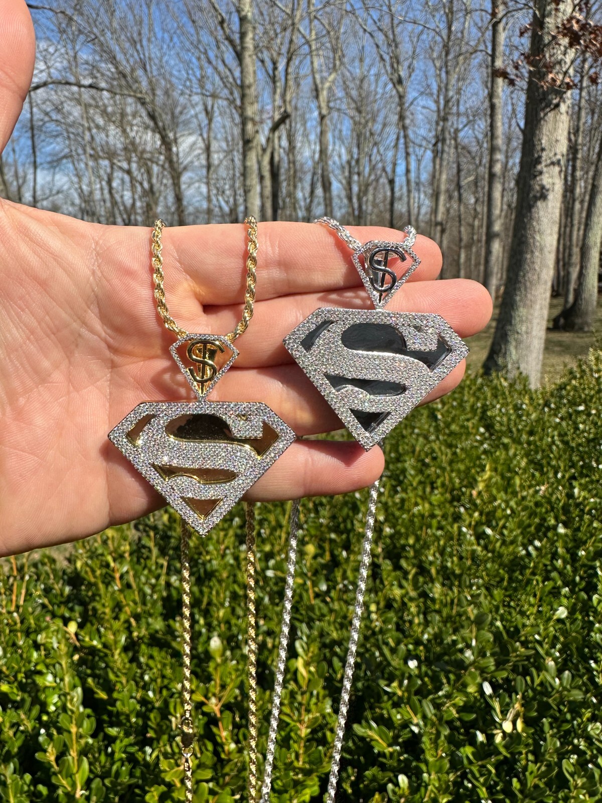 Pre-owned Harlembling Moissanite Real 925 Silver/gold Plated Iced Superman Superhero Pendant Necklace In White