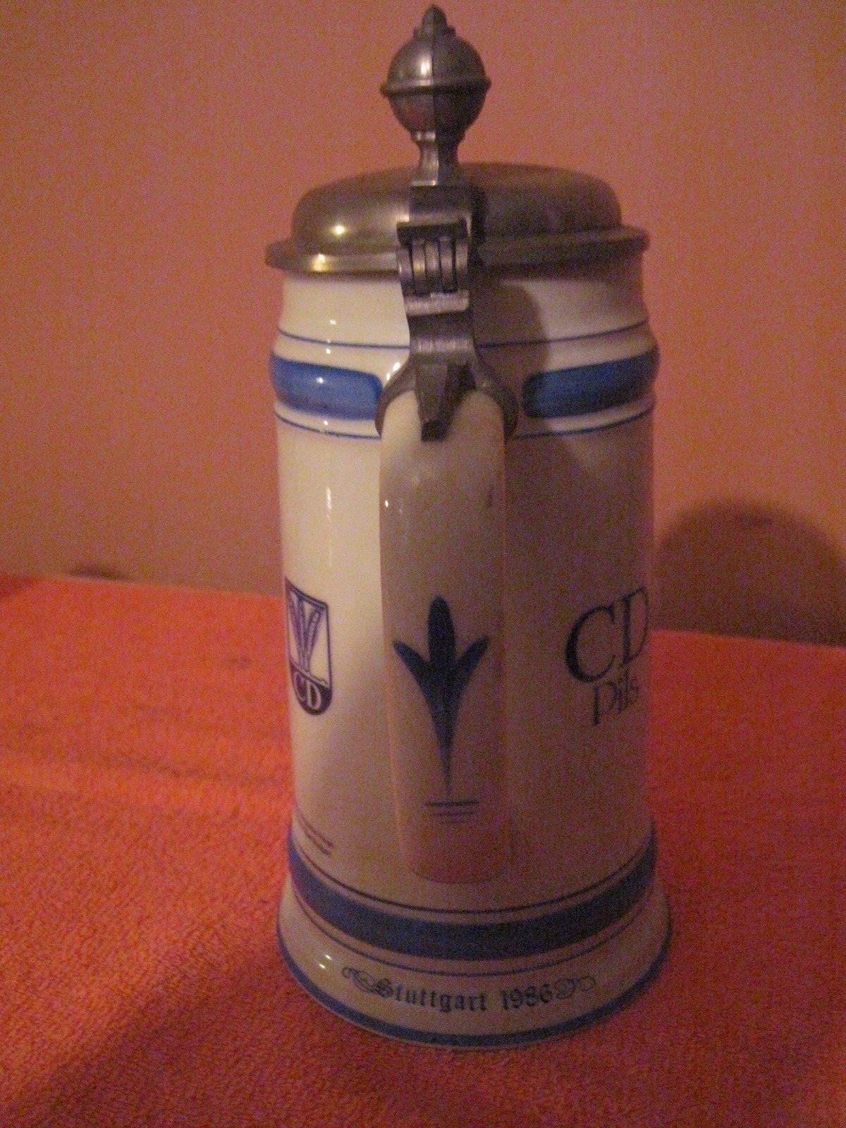 CD Pils Stuttgart 1986 Porcelain SAHM Stein with Pewter Zinn Lid, Very Decorativ