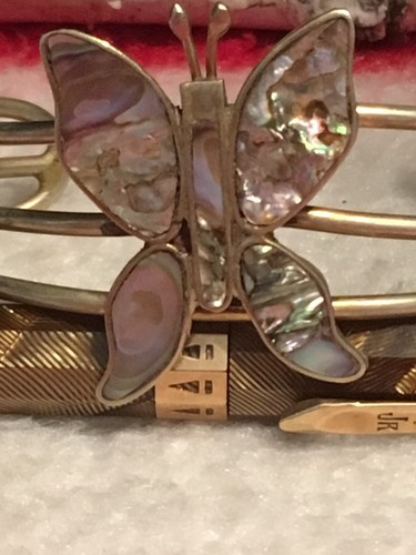 Vintage Silver Over Copper MOP Abalone Inlay Butterfly Tribal Cuff Bracelet