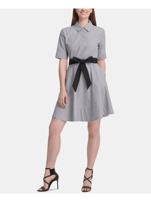 

Женское платье-рубашка DKNY в серую полоску с коротким рукавом и воротником выше колена, Серый