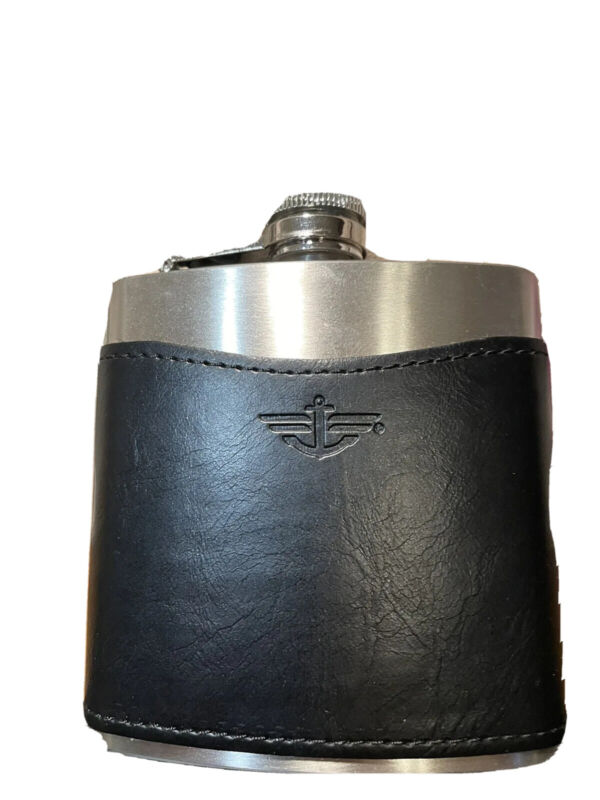 Alcohol Flask - Leather Wrapped Dockers Black and Silver New Never Used