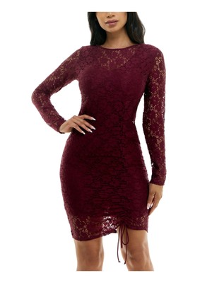 BEBE Womens Burgundy Tie Lined Pullover Long Sleeve Body Con Dress M