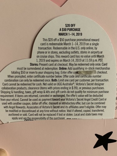 Victoria's Secret $20 Off $50 Your Online Purchase Reward Discount Card Coupon