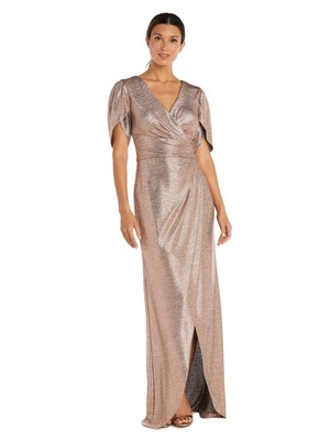

NIGHTWAY Женское золотое длинное платье с запахом и короткими рукавами Petites, Золотой