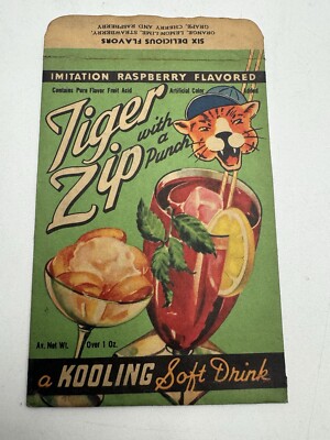 Vintage 30s Tiger Zip Imitation Raspberry Flavor Opened Drink Packet Rare