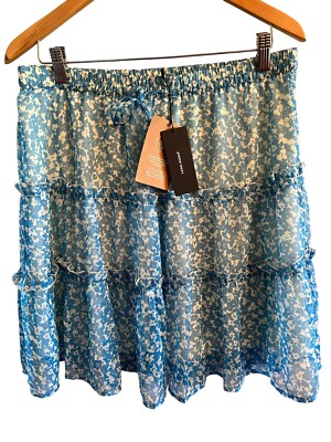 NWT Vero Moda  Short Frilled Skirt Women s Size L Light Blue And White Lined New