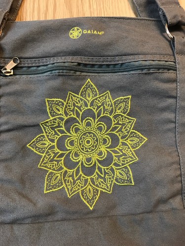 GAIAM Canvas Yoga Mat Tote Bag Gray Embroidered Floral Lined Pockets