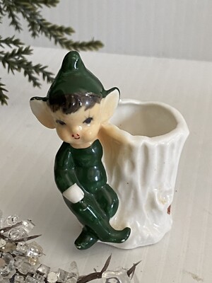 Japan Kitschy Green Pixie Elf Tree Stump Bone China Toothpick Holder With Label