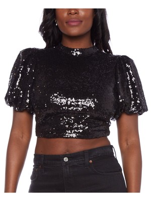 ALEX & SOPHIA Womens Black Open Back Tie Lined Pouf Sleeve Crop Top Juniors XXS