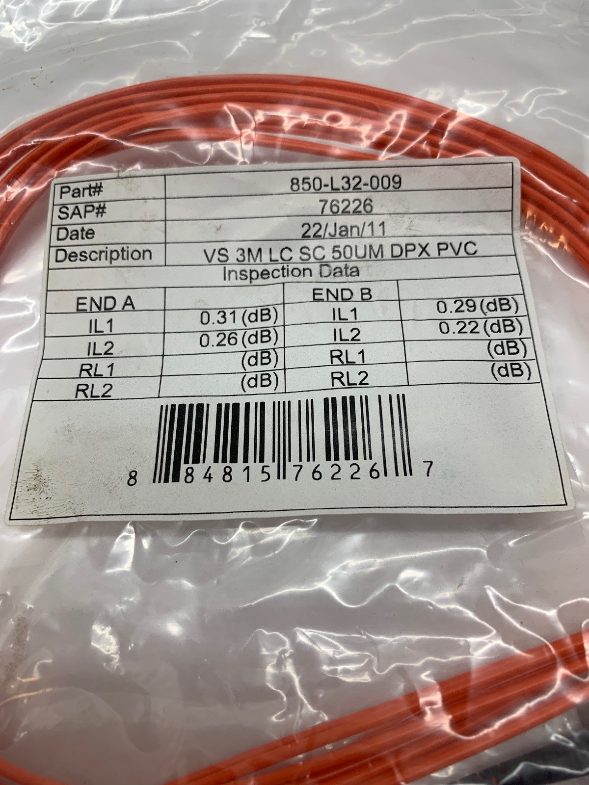 850-L32-009 3-Meter Duplex Multi-Mode Fiber Jumper Cable, 50 Fiber, 50 um Core