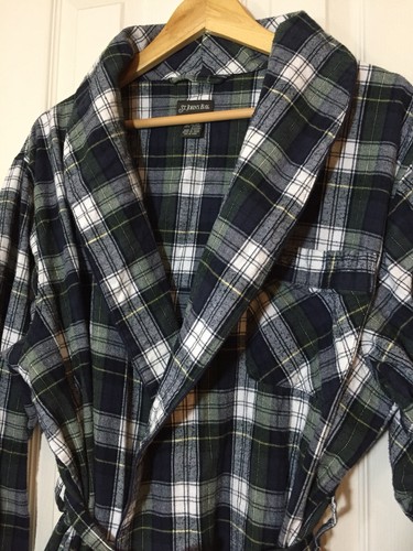 St. Johns Bay Mens Green Blue White Plaid Cotton Flannel Bath Robe Size One Size