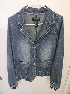 Vintage Outer Edge Distressed Blue Denim Blazer Jacket Women's M 