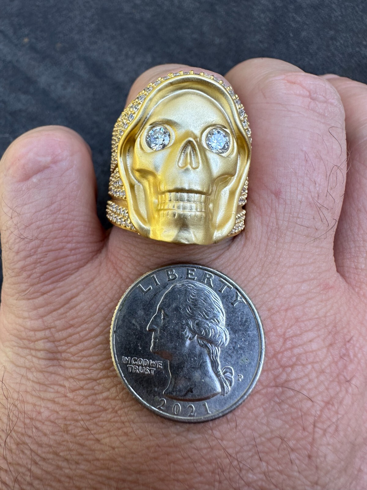 Pre-owned Silver Moissanite Iced Heavy Death Skull Ring Matte Real 14k Gold Over 925  In White