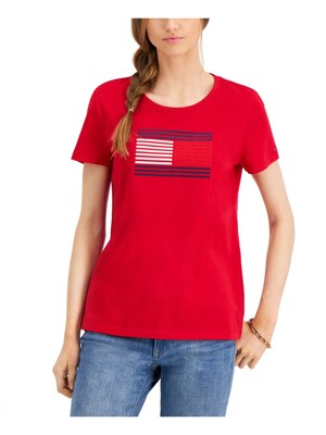 

TOMMY HILFIGER Женская красная футболка с круглым вырезом и короткими рукавами с текстурированным логотипом, Красный