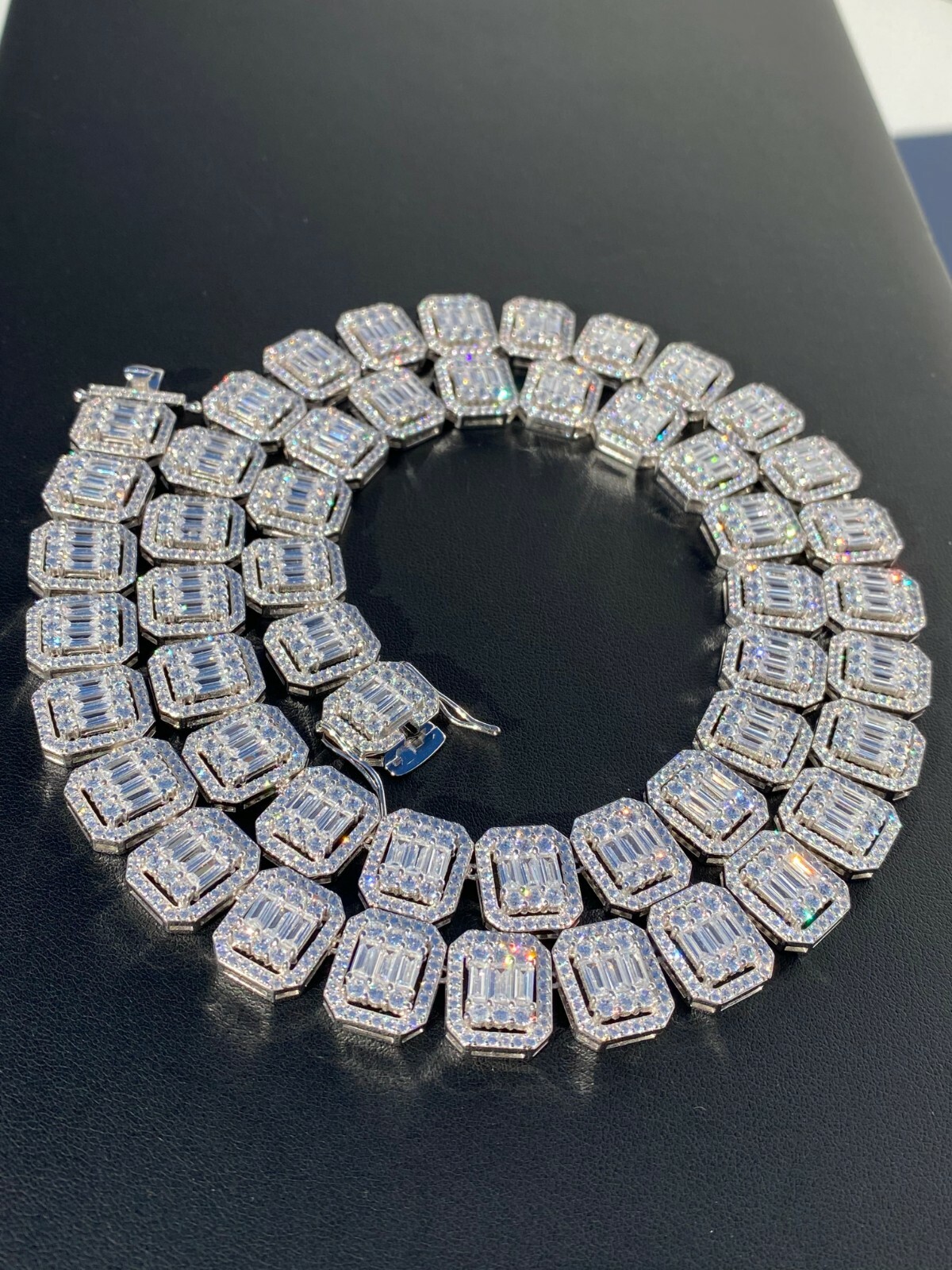 Pre-owned Silver Real 925 Sterling  Big Baguette Link Chain 15mm Men's Cz Necklace Choker