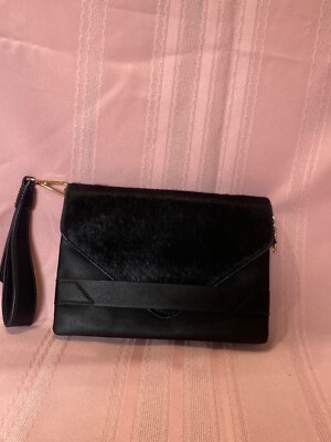 LA DIVA Black Luxury Leather/pony hair Envelope clutch Purse