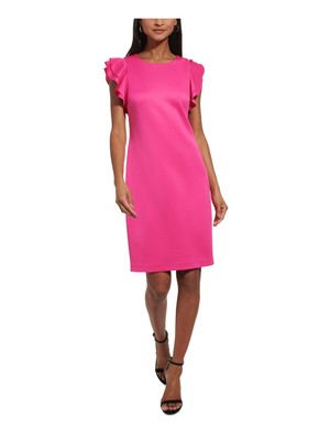 TOMMY HILFIGER Womens Pink Flutter Sleeve Round Neck Short Party Sheath Dress 14