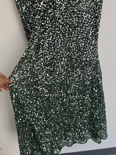 Pre-owned Mac Duggal Cap Sleeve Sequined High Slit V Neck Belted Gown Size 10 Green 5489