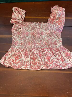 Jennifer & Grace Pink & White Smocked Bodice With Flutter Sleeve Top Women s Med