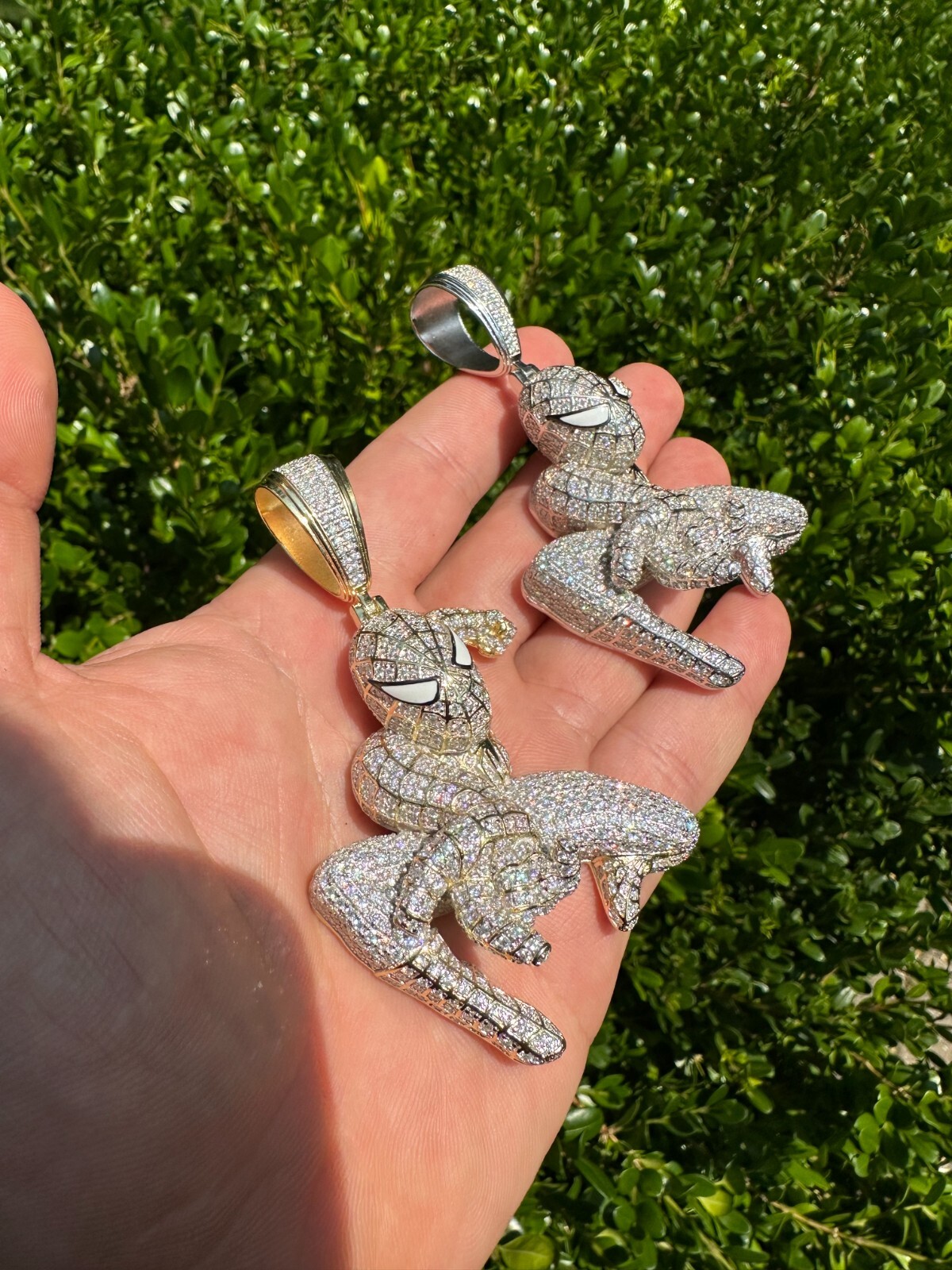 Pre-owned Harlembling Moissanite Real 925 Silver/14k Gold Plated Large Iced Spiderman Pendant Necklace In White