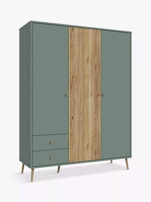 EasyKlix Harllson 3 Door Wardrobe with 2 Drawers, Green/Oak Bedroom