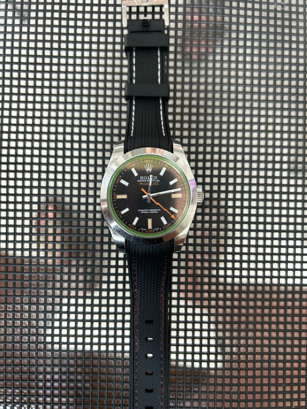 20mm BLACK “sailcloth pattern” rubber WHITE/BLACK stitch Rolex Milgauss