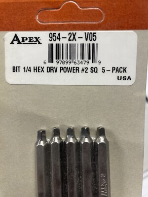 5 APEX USA 954-2X 1/4'' SQUARE RECESS #2 HEX POWER DRIVE BITS , FREE SHIPPING!!!