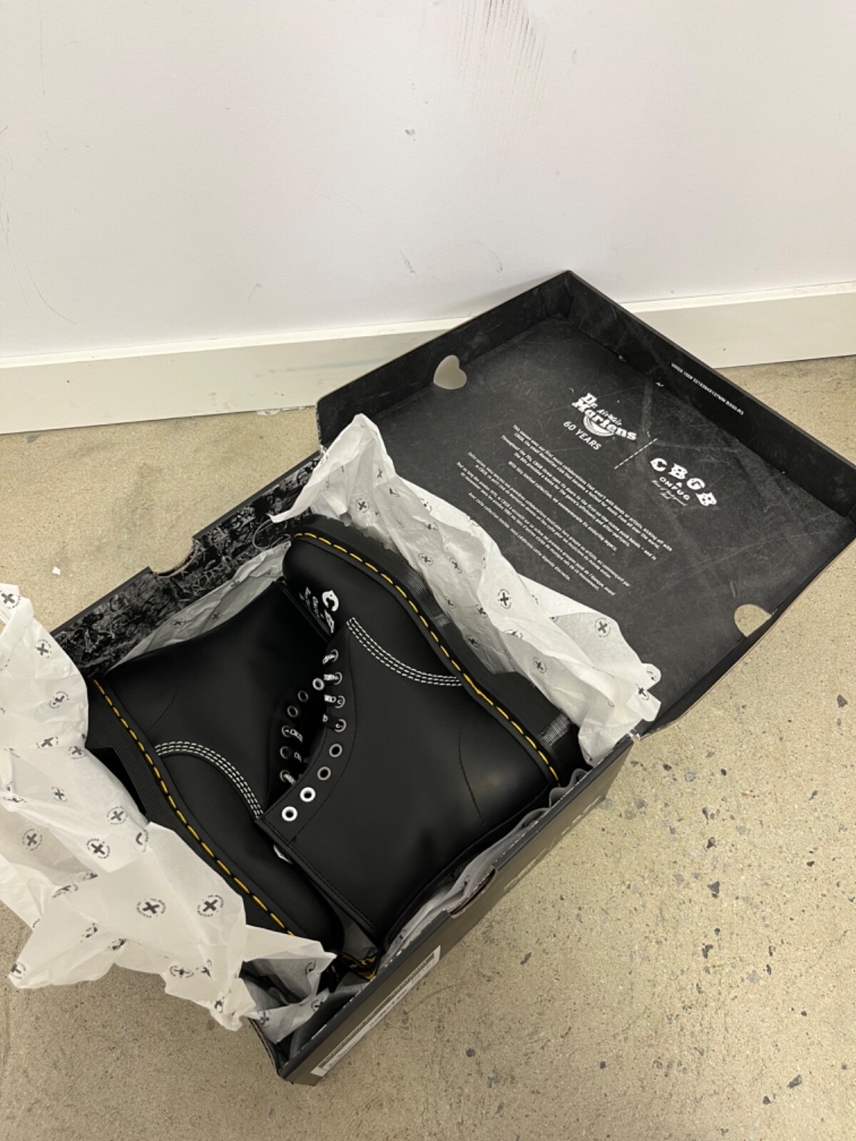 Pre-owned Dr. Martens 1460 Cbgb Printed Rolled Leather Boots Black/white All Sizes