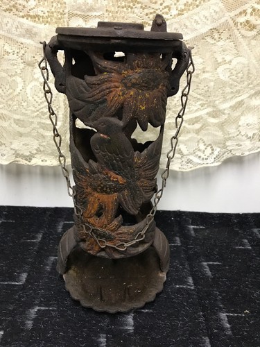 Vintage Cast Iron Bird Feeder, Rare, Original Chain, Old Piece, Colorful