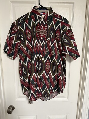 NWT MENS TOMMY HILFIGER GEOMETRIC MEDIUM BURGUNDY GREEN BUTTON DOWN SHIRT