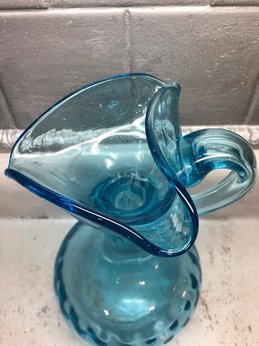 ANTIQUE BLENKO HAND BLOWN GLASS PANELED AQUAMARINE BLUE WATERFALL PITCHER VASE