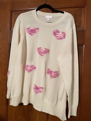 Belle by Kim Gravel How Sweet It Is Space Dye Heart Sweater Cream W/ Pink XL NEW
