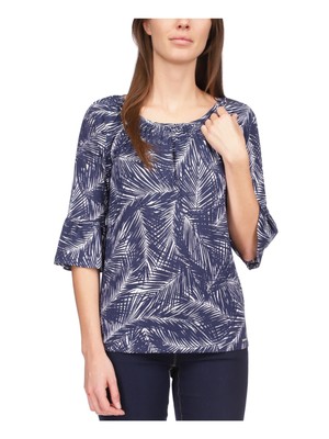 

MICHAEL KORS Женский темно-синий топ со сборками и рукавами 3/4 с круглым вырезом, Navy