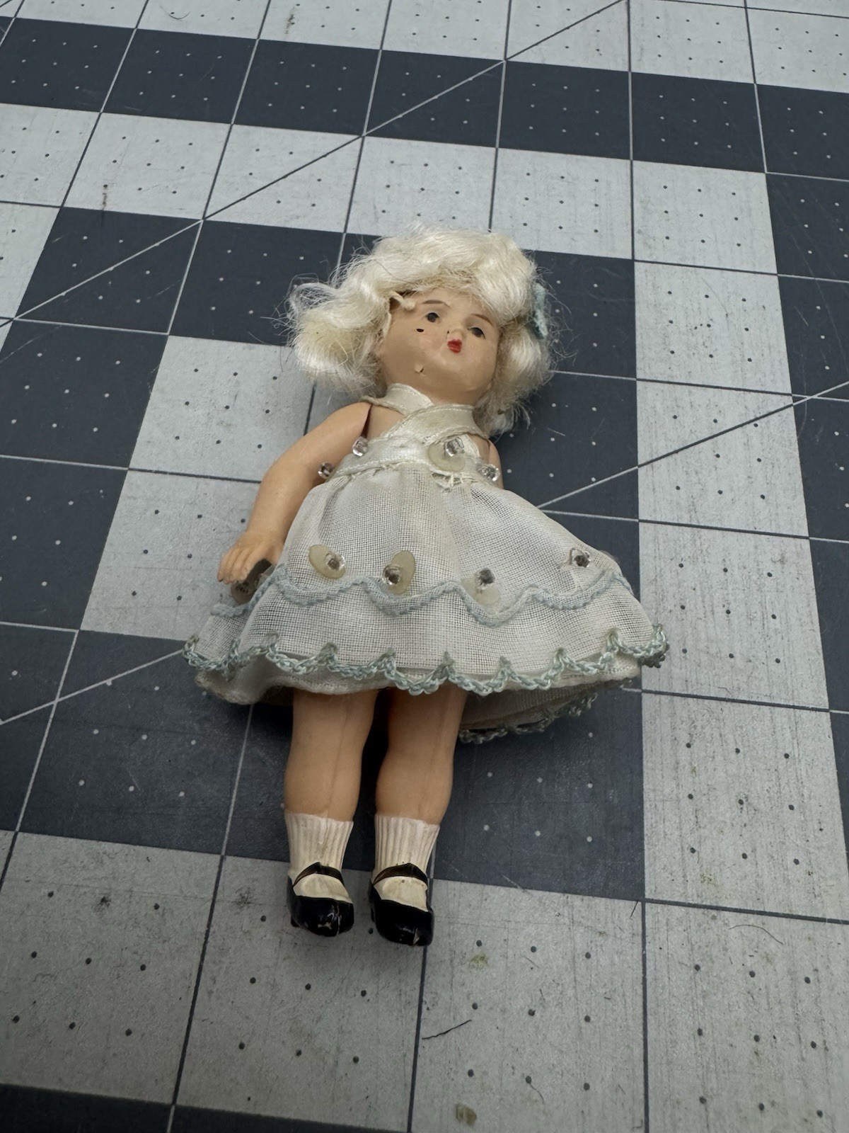 Vintage German Jointed Plastic Miniature Girl Doll 4 Inch