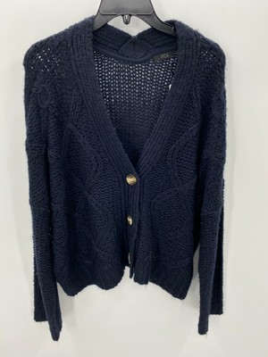 Nordstrom RDI Cardigan Sweater Womens Large Blue Boxy Soft Open Cable Kit Crop
