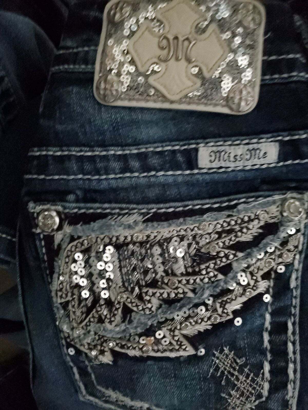Sz 25 Miss Me Skinny Jeans Blue Denim Signature Wing Sequin