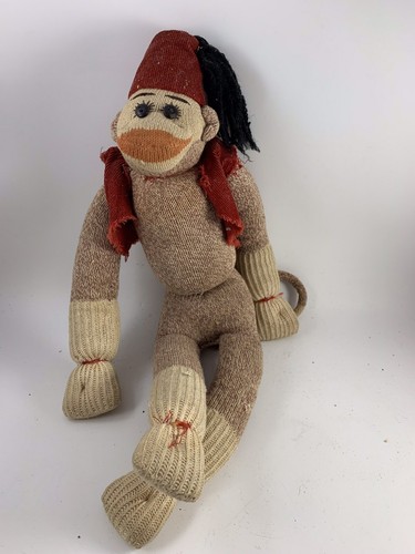 Vintage Brown & White Red Heel Organ Grinder SOCK MONKEY With Hat & Vest