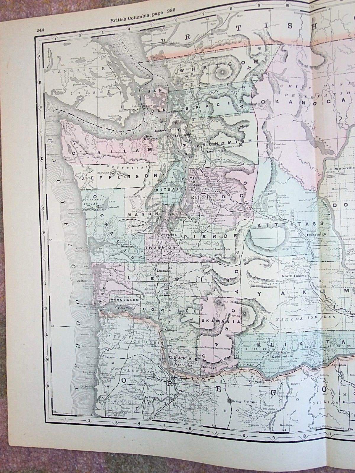 Antique 1890 Map, WASHINGTON State, Original Vintage Atlas Map, 17.5