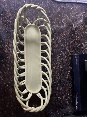 Ceramic Woven Bread Warmer Basket Eucalyptus Stoneware Braided Style Green