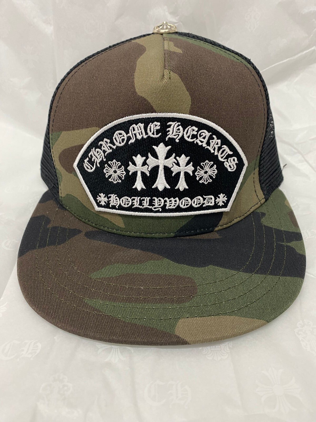 Chrome Hearts 3 Cross Hollywood Trucker Hat Camo NEW 100 Chrome Hearts 3 Cross Hollywood Trucker Hat Camo NEW 100