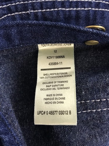 Liberty Denim Bib Overalls w/ Zippered Front Pocket Unisex Youth Size 12