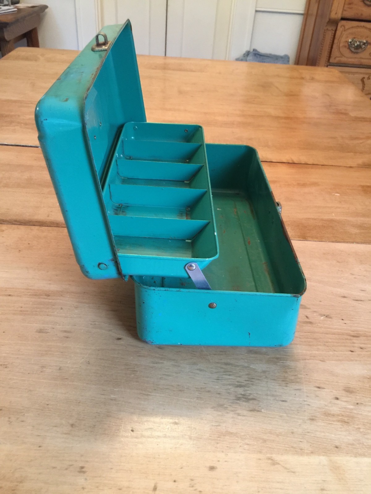 Liberty steel teal fishing tackle (tool) box by Liberty Steel Chest Corp. USA