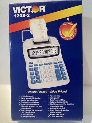 Victor Printing Calculator 1208-2 Compact and Reliable Adding Machine 12 Digit