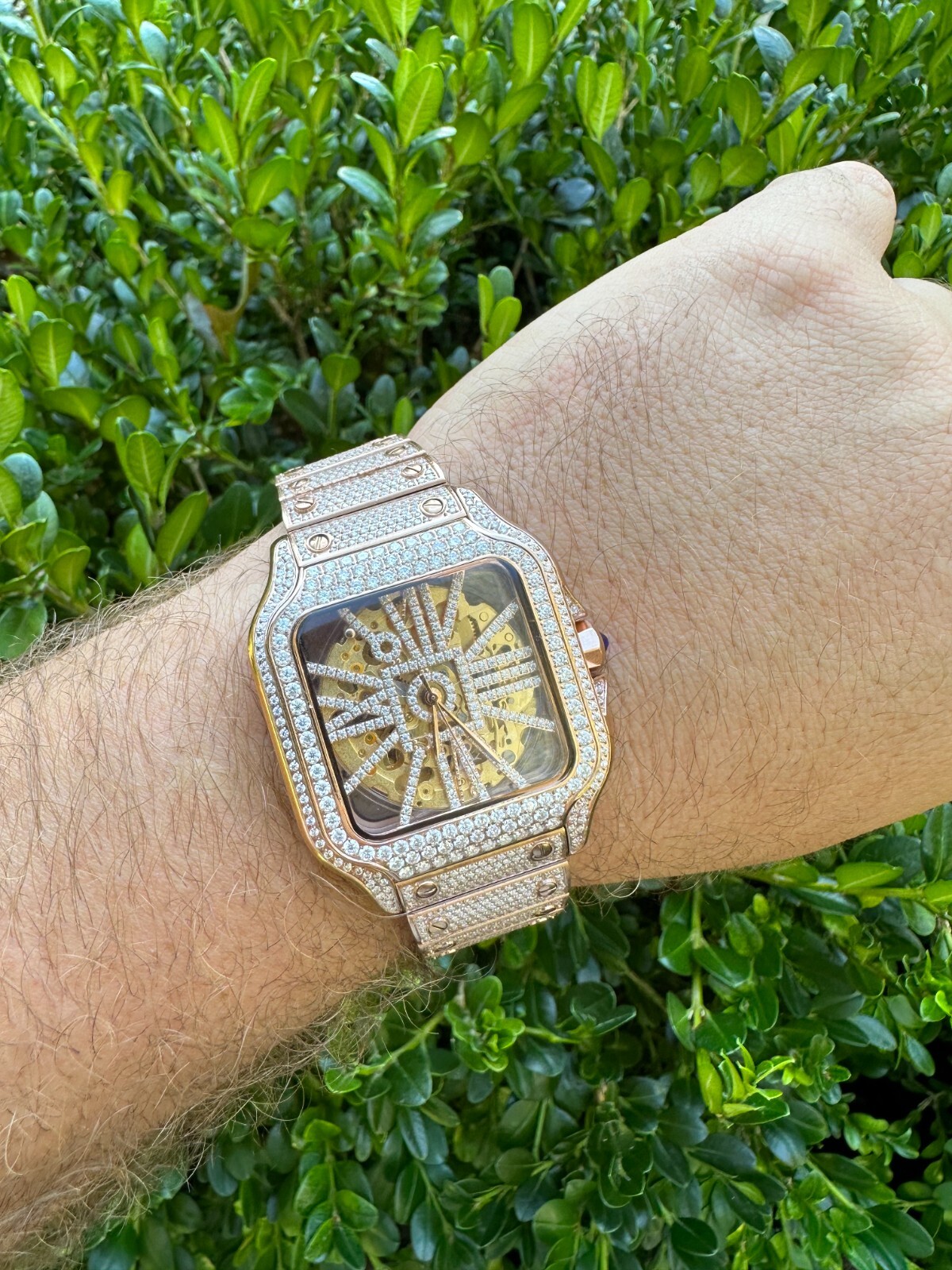 Pre-owned Hip Hop Real Mens Moissanite 14k Rose Gold Watch Iced Automatic Movement Hiphop Skeleton