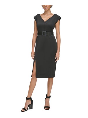 CALVIN KLEIN Womens Black Belted High Slit Cap Sleeve Sheath Dress 8